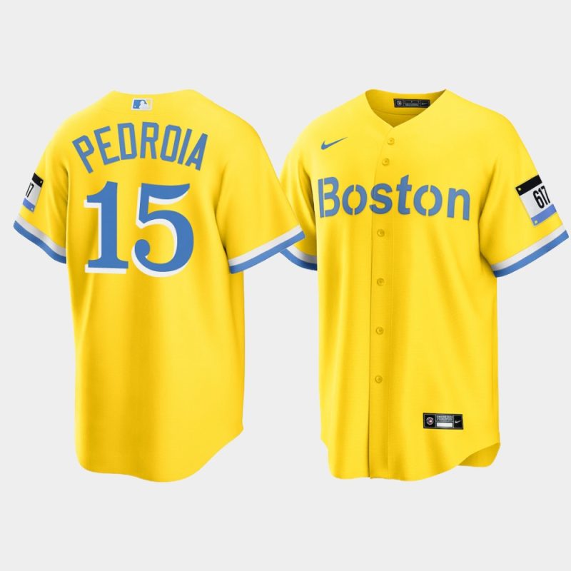 Men Boston Red Sox #15 Dustin Pedroia Gold 2021 City Connect Replica Jersey