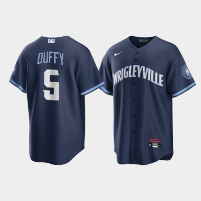 Men Chicago Cubs Matt Duffy #5 Navy 2021 City Connect Replica Jersey