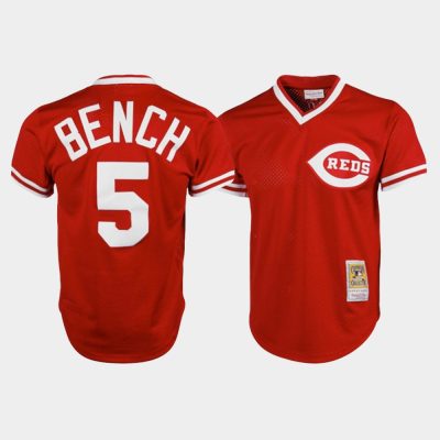 Men Cincinnati Reds #5 Johnny Bench Cooperstown Collection Mesh Batting Practice Red Mitchell & Ness Jersey
