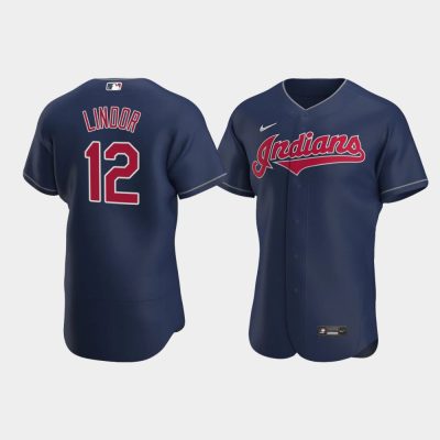 Men Cleveland Indians #12 Francisco Lindor Navy 2020 Alternate Jersey