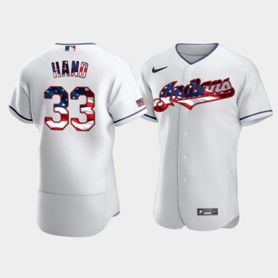 Men Cleveland Indians #33 Brad Hand White 4th of July 2020 Stars & Stripes Jersey