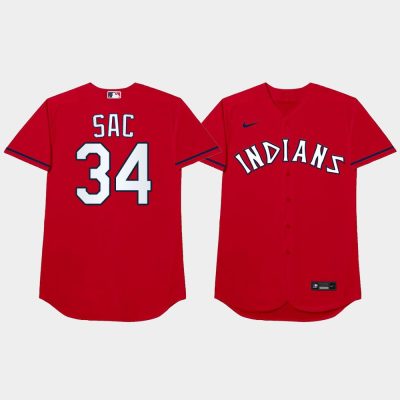 Men Cleveland Indians #34 Zach Plesac 2021 Players Weekend Sac Red Jersey