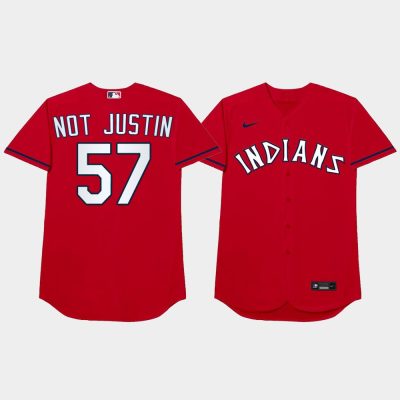 Men Cleveland Indians #57 Shane Bieber 2021 Players Weekend Not Justin Red Jersey
