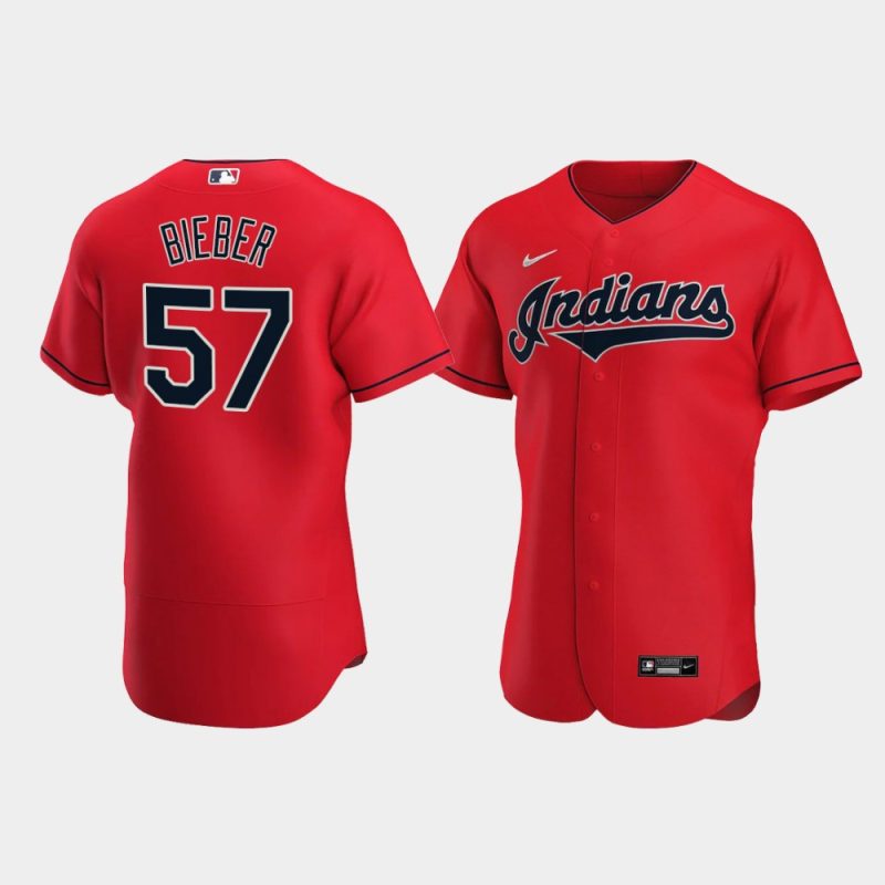 Men Cleveland Indians #57 Shane Bieber Red 2020 Alternate Jersey