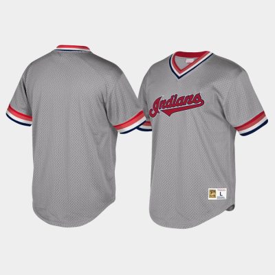 Men Cleveland Indians Cooperstown Collection Mesh Wordmark V-Neck Gray Mitchell & Ness Jersey