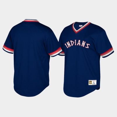 Men Cleveland Indians Cooperstown Collection Mesh Wordmark V-Neck Navy Mitchell & Ness Jersey
