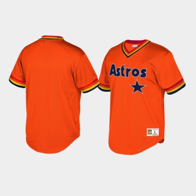 Men Houston Astros Cooperstown Collection Mesh Wordmark V-Neck Orange Mitchell & Ness Jersey