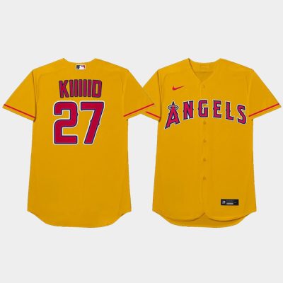Men Los Angeles Angels #27 Mike Trout 2021 MLB Players Weekend Nickname Yellow Jersey