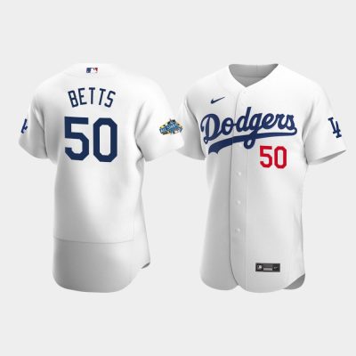 Men Los Angeles Dodgers #50 Mookie Betts White Patch 2020 Home Jersey