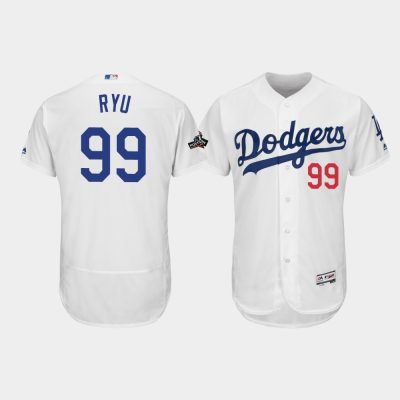 Men Los Angeles Dodgers #99 Hyun-Jin Ryu White 2019 Postseason Home Flex Base Jersey