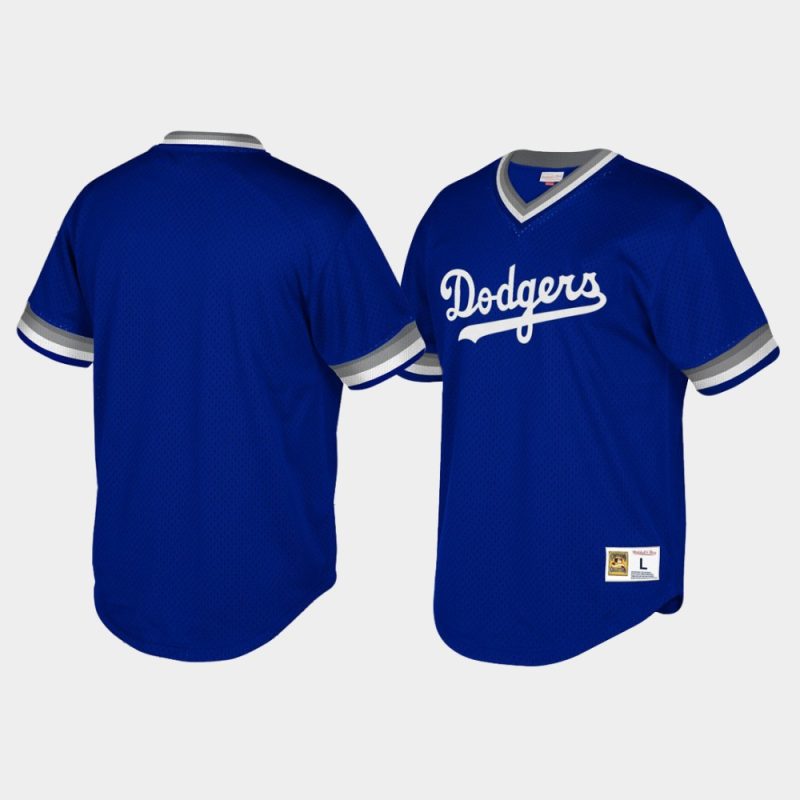 Men Los Angeles Dodgers Cooperstown Collection Mesh Wordmark V-Neck Royal Mitchell & Ness Jersey