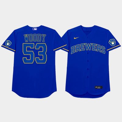 Men Milwaukee Brewers #53 Brandon Woodruff 2021 MLB Players Weekend Nickname Blue Jersey