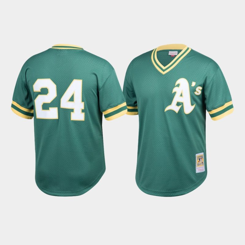 Men Oakland Athletics #24 Rickey Henderson Cooperstown Collection Mesh Batting Practice Green Mitchell & Ness Jersey