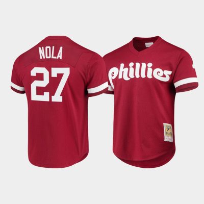 Men Philadelphia Phillies #27 Aaron Nola Cooperstown Collection Mesh Batting Practice Scarlet Jersey