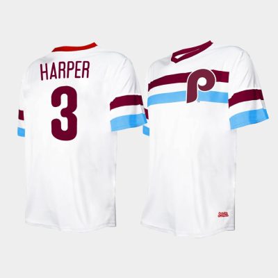 Men Philadelphia Phillies #3 Bryce Harper Cooperstown Collection V-Neck White Jersey