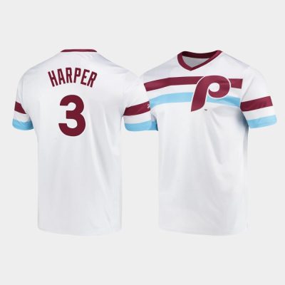Men Philadelphia Phillies #3 Bryce Harper White Cooperstown Collection V-Neck Jersey