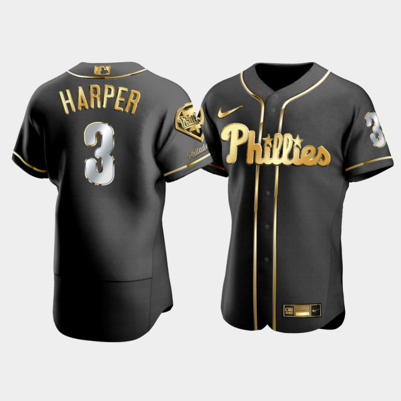 Men Philadelphia Phillies Bryce Harper #3 Black Golden Edition Jersey