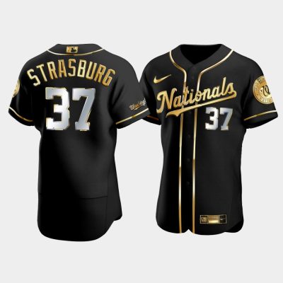 Men Washington Nationals Stephen Strasburg #37 Black Gold Edition Jersey