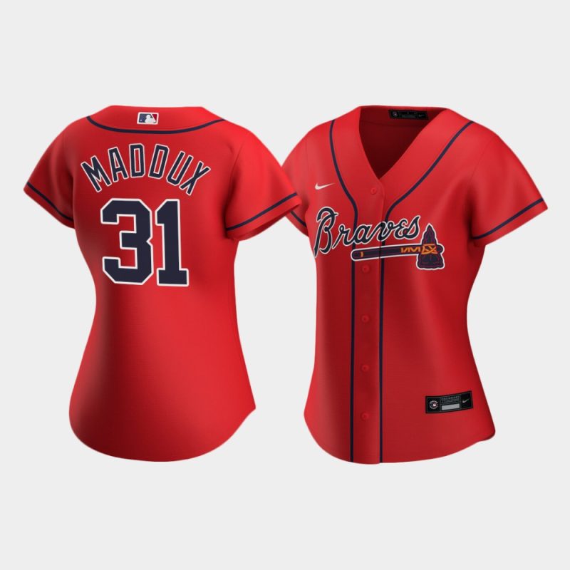 Women Atlanta Braves Greg Maddux #31 Red Replica 2020 Alternate Jersey