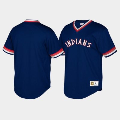 Youth Cleveland Indians Cooperstown Collection Mesh Wordmark V-Neck Navy Mitchell & Ness Jersey