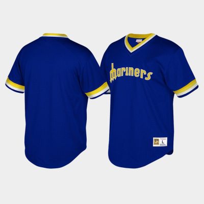 Youth Seattle Mariners Cooperstown Collection Mesh Wordmark V-Neck Royal Mitchell & Ness Jersey