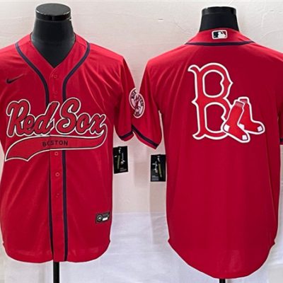 Men Boston Red Sox Red Team Big Logo With Patch Cool Base Stitched Baseball Jersey