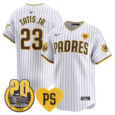 Men's San Diego Padres #23 Fernando Tatis Jr. White  For Pete And Petco Park 20th Patch Limited Baseball Stitched Jersey
